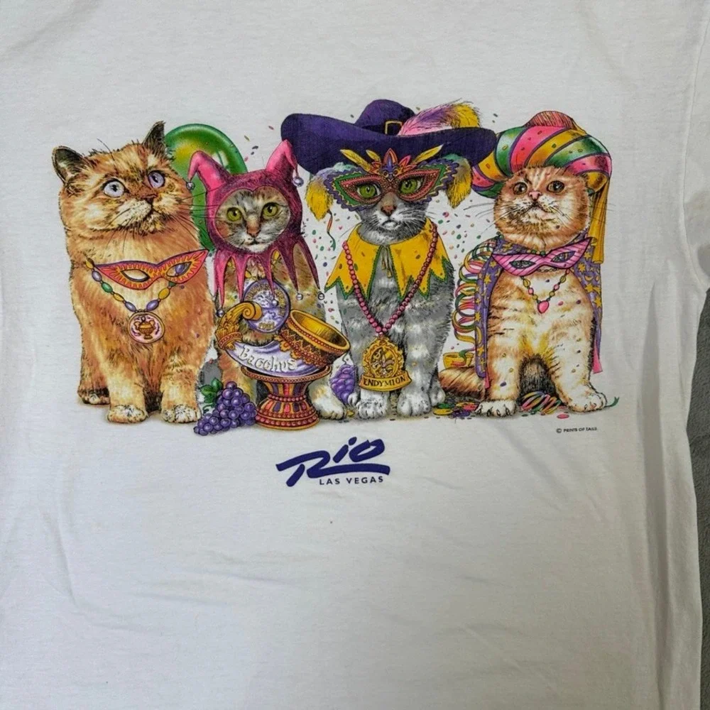 Vintage Prints of Tails Mardi Gras Cats Rio Las Vegas T-Shirt XL White Oneita